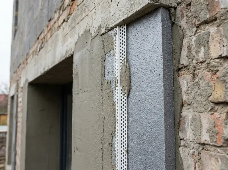 Dagkant naast een raam met een dunne isolatieplaat en een hoekprofiel, klaar voor de wapeningslaag