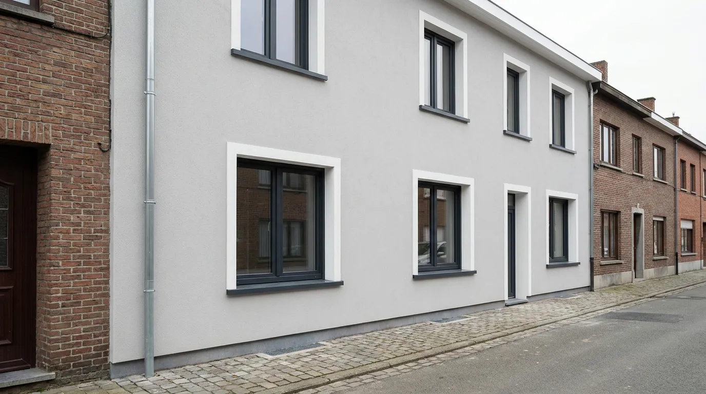Rijwoning met een pas afgewerkte gevel in lichte sierpleister, nieuwe aluminium dorpels en een vlakke dagkant rond elk raam