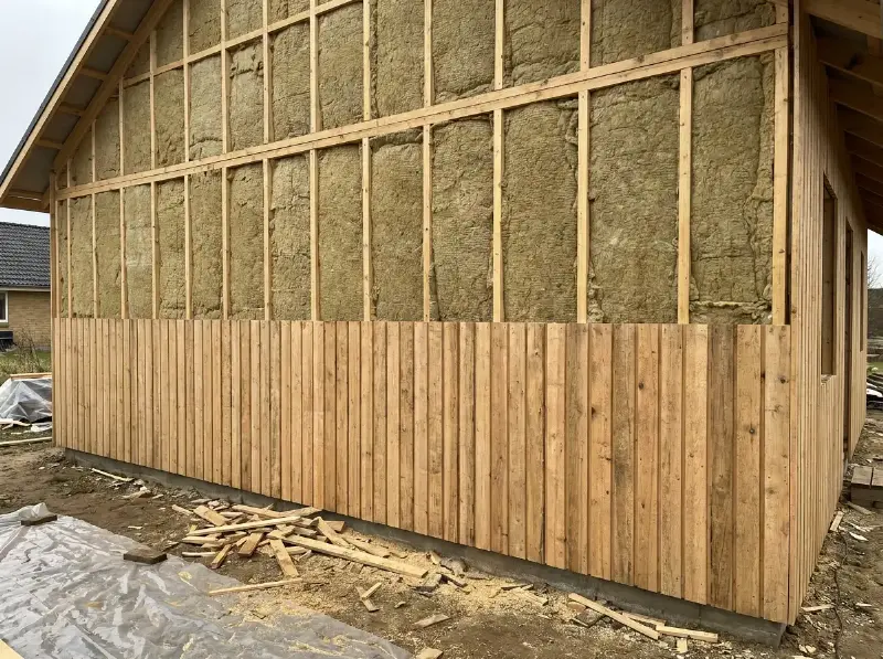 Houten regelwerk met isolatie ertussen op een zijgevel, gedeeltelijk bekleed met verticale planchetten